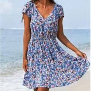 Cupshe‎ Chic Floral V-Neck Mini Dress With Back Tie Short Sleeves Romantic 70  L